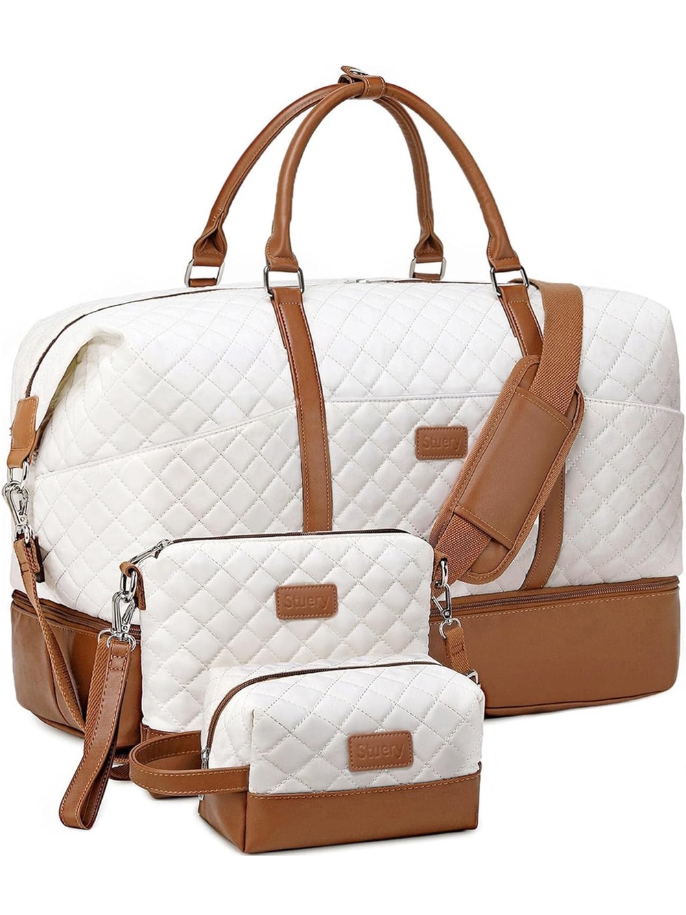 Quilted White and Tan Travel Weekender Bag Set